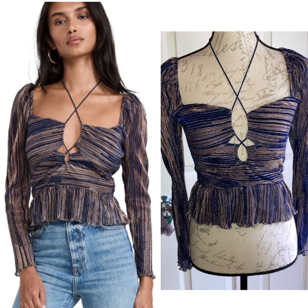 Saylor Kamara Metallic Crop Long Sleeve Keyhole Blouse Top sz Small